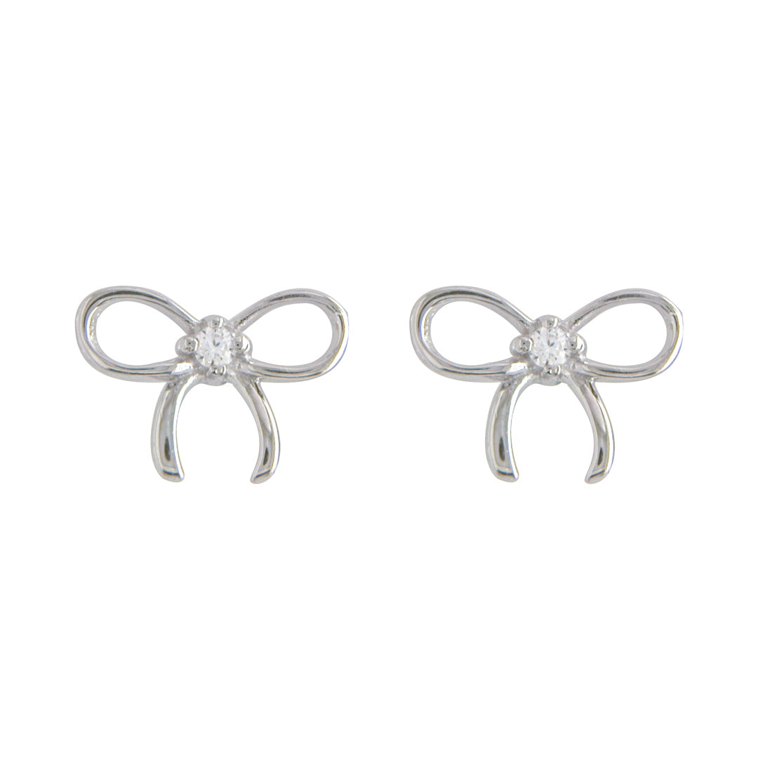 silver bow stud earrings on white background