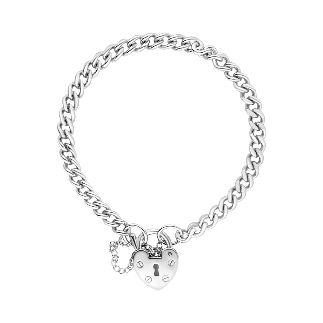 silver curb padlock bracelet on white background