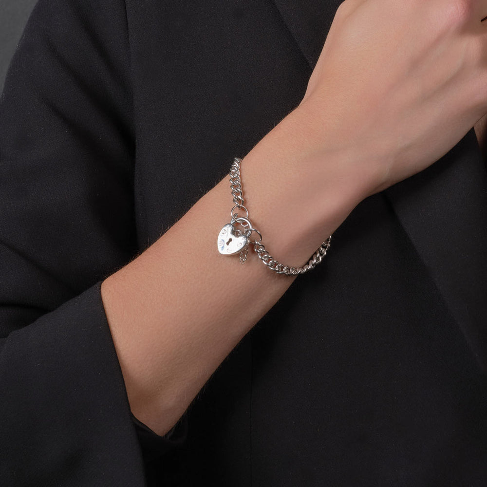 silver curb padlock bracelet on model