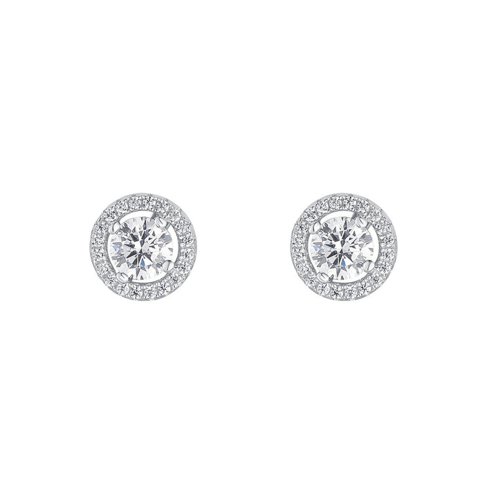 silver cz halo stud earrings on white background