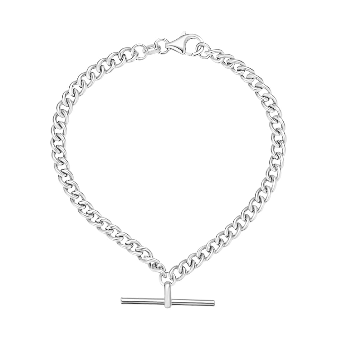 A polished silver chunky chain bracelet, featuring  a minimalist T-bar pendant hanging from the bottom, and a lobster claw clasp against a white background.