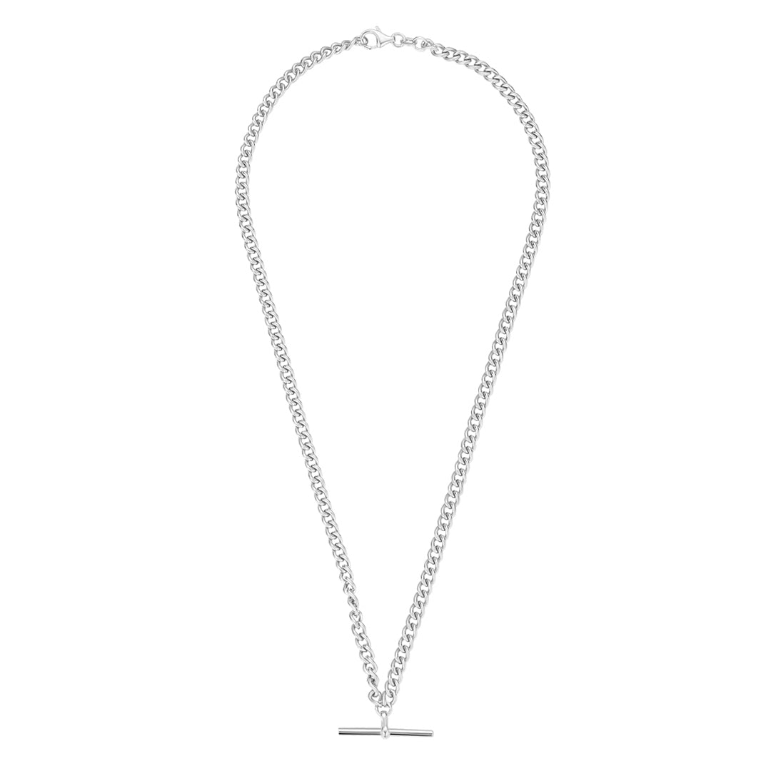 A sleek silver T-Bar necklace featuring a polished chain and minimalist T-bar fastening, presented on a clean, neutral background to highlight its refined and modern design