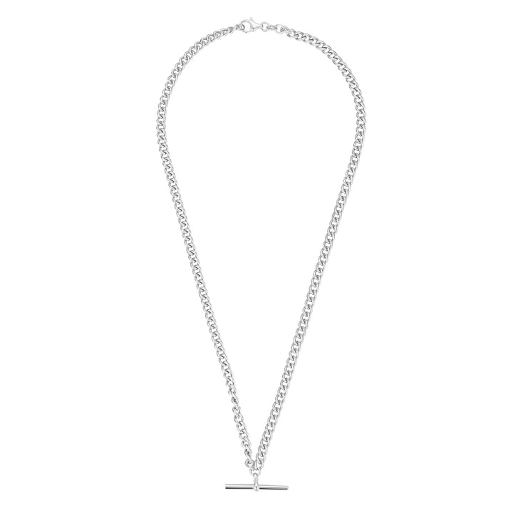 A sleek silver T-Bar necklace featuring a polished chain and minimalist T-bar fastening, presented on a clean, neutral background to highlight its refined and modern design