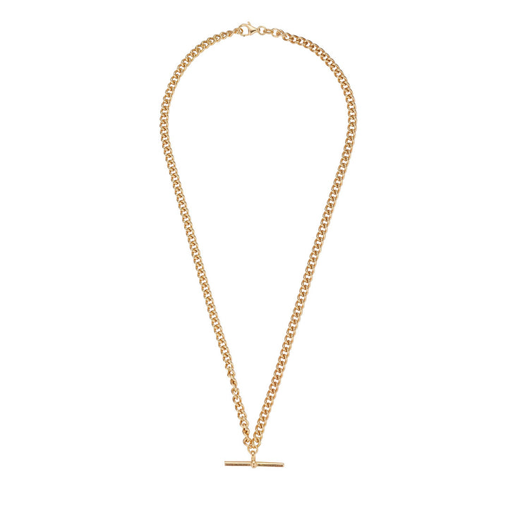 gold plated t-bar necklace on white background