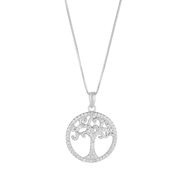 silver tree of life pendant on white background